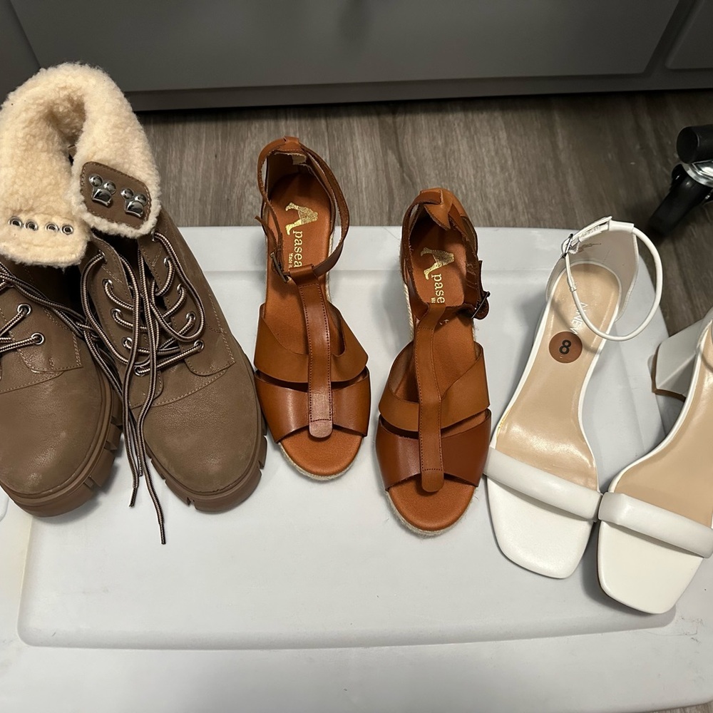 3 pairs of shoes!!! Boots, wedges, and sandals!!
